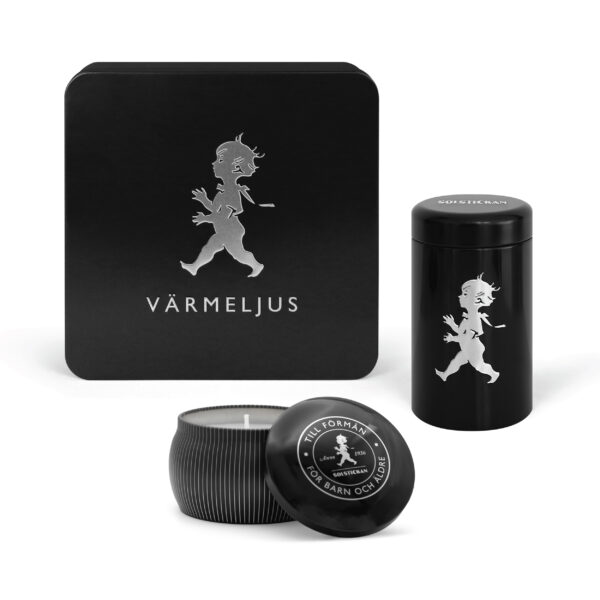 Värmeljuslåda svart+doftljus+tändsticksrör ink. presentkartong,God Jul emblem